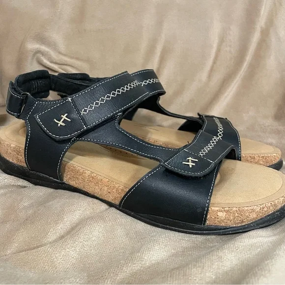 Clarks Black Leather Cork Footbed Sandals. - Picture 1 of 10